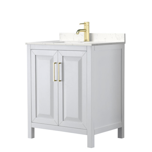 Wyndham WCV252530SWGC2UNSMXX Daria 30 Inch Single Bathroom Vanity in White, Light-Vein Carrara Cultured Marble Countertop, Undermount Square Sink, Brushed Gold Trim