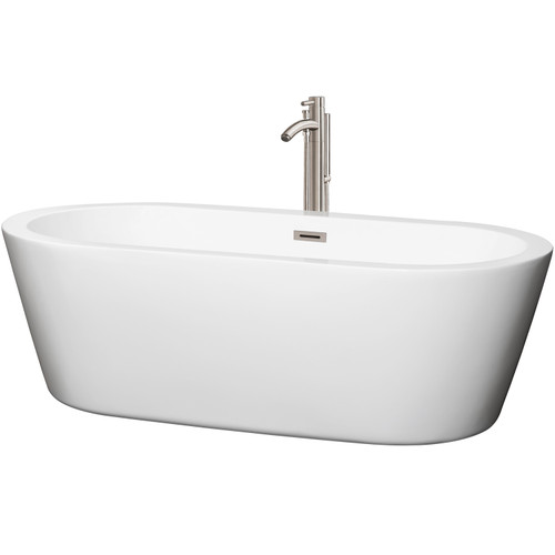 Wyndham WCOBT100371ATP11BN Mermaid 71 Inch Freestanding Bathtub in White with Floor Mounted Faucet, Drain and Overflow Trim in Brushed Nickel