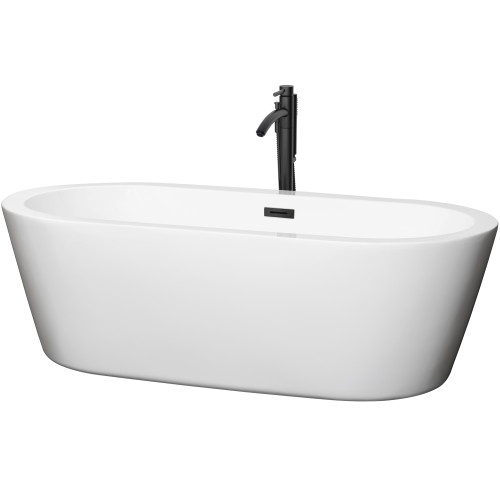 Wyndham WCOBT100371MBATPBK Mermaid 71 Inch Freestanding Bathtub in White with Floor Mounted Faucet, Drain and Overflow Trim in Matte Black