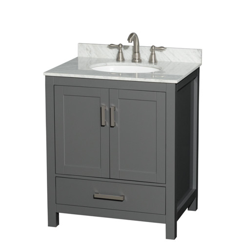 Wyndham WCS141430SKGCMUNOMXX Sheffield 30 Inch Single Bathroom Vanity in Dark Gray, White Carrara Marble Countertop, Undermount Oval Sink, and No Mirror