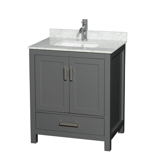 Wyndham WCS141430SKGCMUNSMXX Sheffield 30 Inch Single Bathroom Vanity in Dark Gray, White Carrara Marble Countertop, Undermount Square Sink, and No Mirror