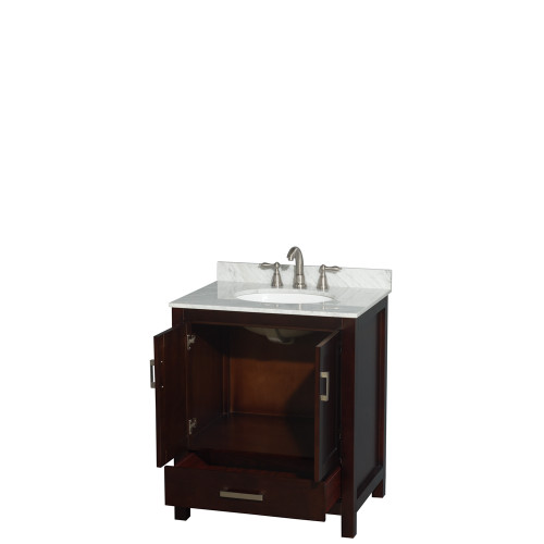 Wyndham WCS141430SESCMUNOMXX Sheffield 30 Inch Single Bathroom Vanity in Espresso, White Carrara Marble Countertop, Undermount Oval Sink, and No Mirror