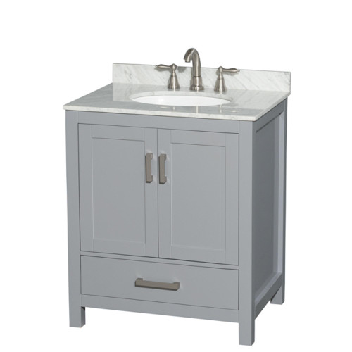 Wyndham WCS141430SGYCMUNOMXX Sheffield 30 Inch Single Bathroom Vanity in Gray, White Carrara Marble Countertop, Undermount Oval Sink, and No Mirror