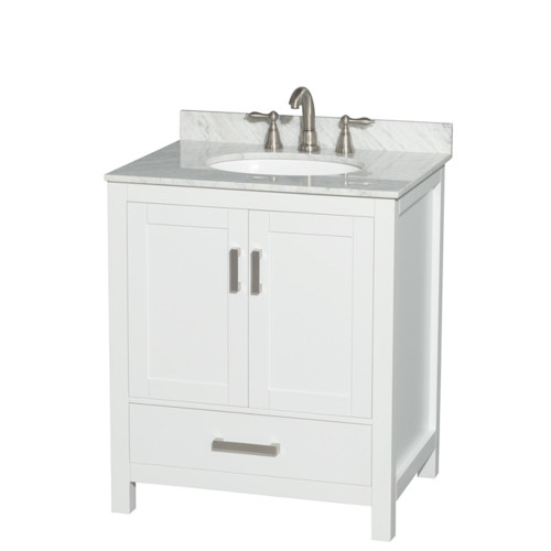 Wyndham WCS141430SWHCMUNOMXX Sheffield 30 Inch Single Bathroom Vanity in White, White Carrara Marble Countertop, Undermount Oval Sink, and No Mirror