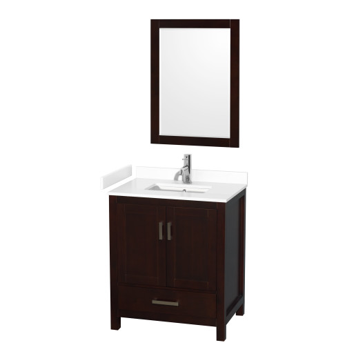 Wyndham WCS141430SESWCUNSM24 Sheffield 30 Inch Single Bathroom Vanity in Espresso, White Cultured Marble Countertop, Undermount Square Sink, 24 Inch Mirror