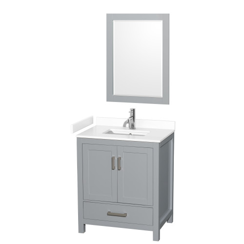 Wyndham WCS141430SGYWCUNSM24 Sheffield 30 Inch Single Bathroom Vanity in Gray, White Cultured Marble Countertop, Undermount Square Sink, 24 Inch Mirror