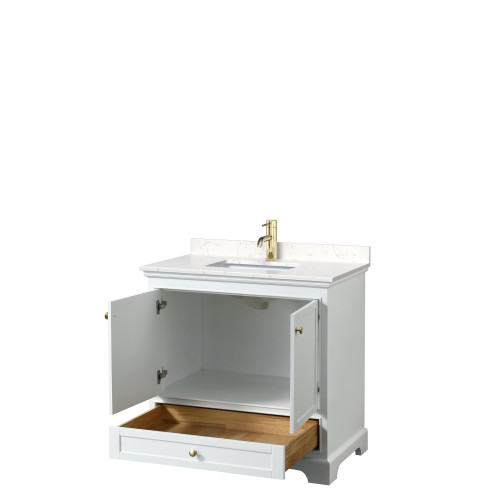 Wyndham WCS202036SWGC2UNSMXX Deborah 36 Inch Single Bathroom Vanity in White, Carrara Cultured Marble Countertop, Undermount Square Sink, Brushed Gold Trim, No Mirror