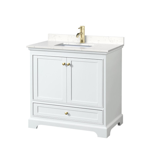 Wyndham WCS202036SWGC2UNSMXX Deborah 36 Inch Single Bathroom Vanity in White, Carrara Cultured Marble Countertop, Undermount Square Sink, Brushed Gold Trim, No Mirror