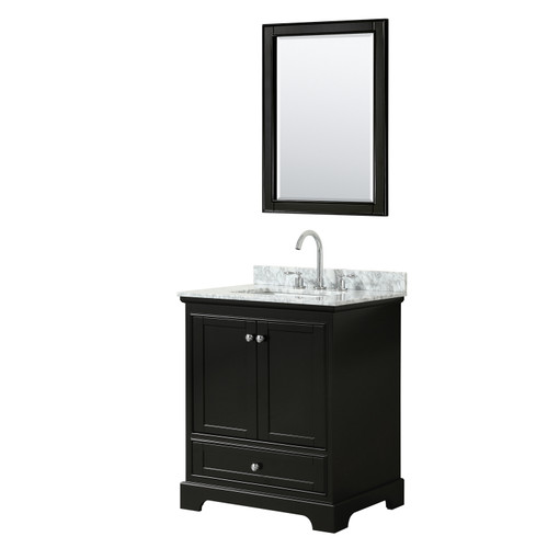 Wyndham WCS202030SDECMUNSM24 Deborah 30 Inch Single Bathroom Vanity in Dark Espresso, White Carrara Marble Countertop, Undermount Square Sink, and 24 Inch Mirror
