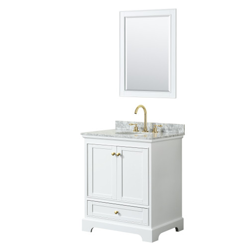 Wyndham WCS202030SWGCMUNOM24 Deborah 30 Inch Single Bathroom Vanity in White, White Carrara Marble Countertop, Undermount Oval Sink, Brushed Gold Trim, 24 Inch Mirror