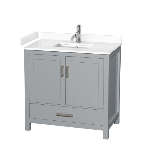 Wyndham WCS141436SGYWCUNSMXX Sheffield 36 Inch Single Bathroom Vanity in Gray, White Cultured Marble Countertop, Undermount Square Sink, No Mirror