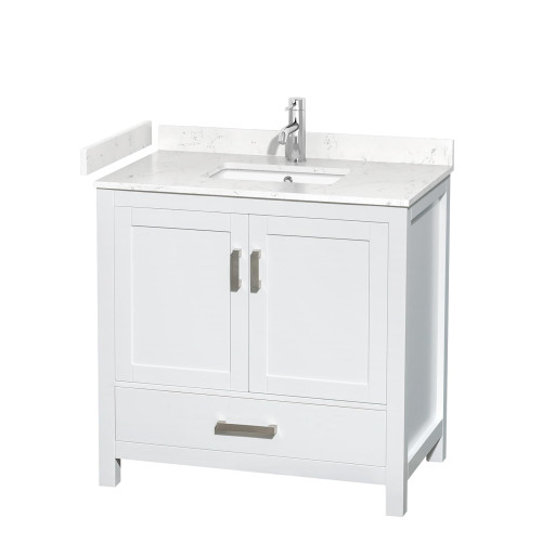 Wyndham WCS141436SWHC2UNSMXX Sheffield 36 Inch Single Bathroom Vanity in White, Carrara Cultured Marble Countertop, Undermount Square Sink, No Mirror