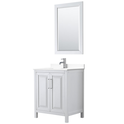 Wyndham WCV252530SWHWCUNSM24 Daria 30 Inch Single Bathroom Vanity in White, White Cultured Marble Countertop, Undermount Square Sink, 24 Inch Mirror