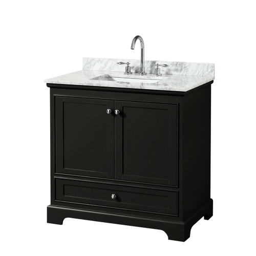 Wyndham WCS202036SDECMUNSMXX Deborah 36 Inch Single Bathroom Vanity in Dark Espresso, White Carrara Marble Countertop, Undermount Square Sink, and No Mirror