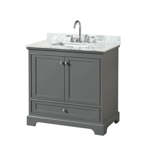 Wyndham WCS202036SKGCMUNSMXX Deborah 36 Inch Single Bathroom Vanity in Dark Gray, White Carrara Marble Countertop, Undermount Square Sink, and No Mirror