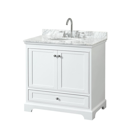 Wyndham WCS202036SWHCMUNOMXX Deborah 36 Inch Single Bathroom Vanity in White, White Carrara Marble Countertop, Undermount Oval Sink, and No Mirror