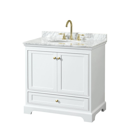 Wyndham WCS202036SWGCMUNOMXX Deborah 36 Inch Single Bathroom Vanity in White, White Carrara Marble Countertop, Undermount Oval Sink, Brushed Gold Trim, No Mirror