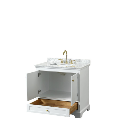 Wyndham WCS202036SWGCMUNSMXX Deborah 36 Inch Single Bathroom Vanity in White, White Carrara Marble Countertop, Undermount Square Sink, Brushed Gold Trim, No Mirror