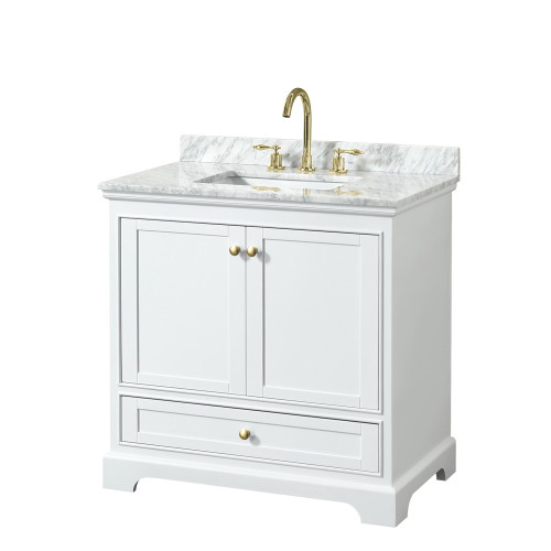 Wyndham WCS202036SWGCMUNSMXX Deborah 36 Inch Single Bathroom Vanity in White, White Carrara Marble Countertop, Undermount Square Sink, Brushed Gold Trim, No Mirror