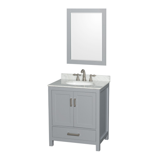 Wyndham WCS141430SGYCMUNOM24 Sheffield 30 Inch Single Bathroom Vanity in Gray, White Carrara Marble Countertop, Undermount Oval Sink, and 24 Inch Mirror