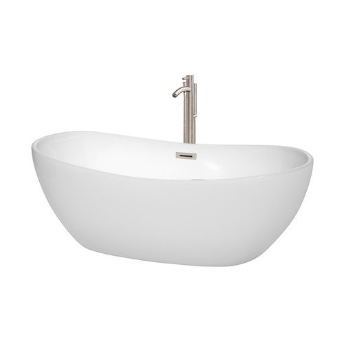 Wyndham  WCOBT101465ATP11BN Rebecca 65 Inch Freestanding Bathtub in White with Floor Mounted Faucet, Drain and Overflow Trim in Brushed Nickel