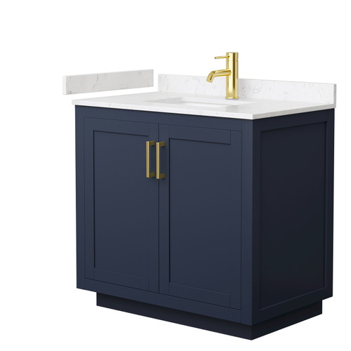 Wyndham WCF292936SBLC2UNSMXX Miranda 36 Inch Single Bathroom Vanity in Dark Blue, Light-Vein Carrara Cultured Marble Countertop, Undermount Square Sink, Brushed Gold Trim