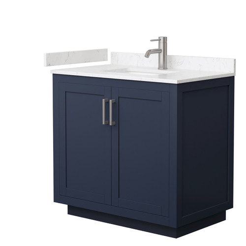 Wyndham WCF292936SBNC2UNSMXX Miranda 36 Inch Single Bathroom Vanity in Dark Blue, Light-Vein Carrara Cultured Marble Countertop, Undermount Square Sink, Brushed Nickel Trim