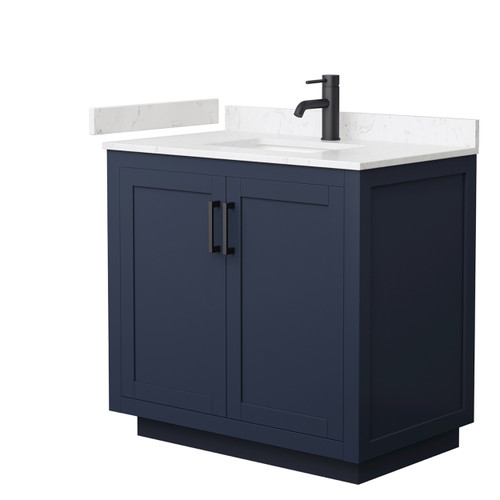 Wyndham WCF292936SBBC2UNSMXX Miranda 36 Inch Single Bathroom Vanity in Dark Blue, Light-Vein Carrara Cultured Marble Countertop, Undermount Square Sink, Matte Black Trim