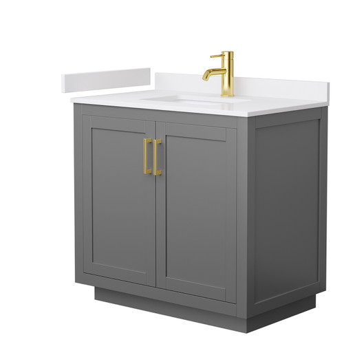 Wyndham WCF292936SGGWCUNSMXX Miranda 36 Inch Single Bathroom Vanity in Dark Gray, White Cultured Marble Countertop, Undermount Square Sink, Brushed Gold Trim