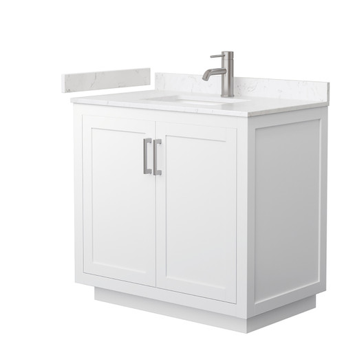 Wyndham WCF292936SWHC2UNSMXX Miranda 36 Inch Single Bathroom Vanity in White, Light-Vein Carrara Cultured Marble Countertop, Undermount Square Sink, Brushed Nickel Trim