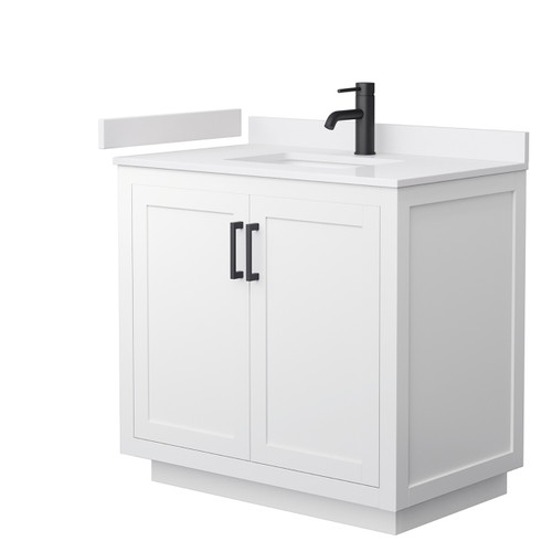 Wyndham WCF292936SWBWCUNSMXX Miranda 36 Inch Single Bathroom Vanity in White, White Cultured Marble Countertop, Undermount Square Sink, Matte Black Trim
