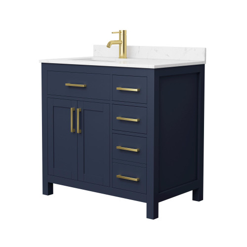 Wyndham WCG242436SBLCCUNSMXX Beckett 36 Inch Single Bathroom Vanity in Dark Blue, Carrara Cultured Marble Countertop, Undermount Square Sink, Brushed Gold Trim