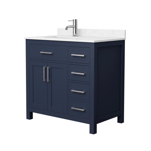 Wyndham WCG242436SBNCCUNSMXX Beckett 36 Inch Single Bathroom Vanity in Dark Blue, Carrara Cultured Marble Countertop, Undermount Square Sink, Brushed Nickel Trim