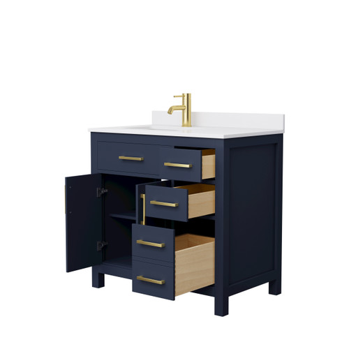 Wyndham WCG242436SBLWCUNSMXX Beckett 36 Inch Single Bathroom Vanity in Dark Blue, White Cultured Marble Countertop, Undermount Square Sink, Brushed Gold Trim