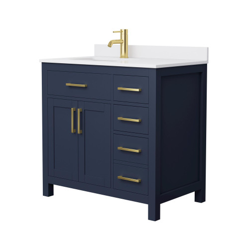 Wyndham WCG242436SBLWCUNSMXX Beckett 36 Inch Single Bathroom Vanity in Dark Blue, White Cultured Marble Countertop, Undermount Square Sink, Brushed Gold Trim