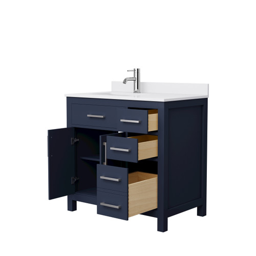 Wyndham WCG242436SBNWCUNSMXX Beckett 36 Inch Single Bathroom Vanity in Dark Blue, White Cultured Marble Countertop, Undermount Square Sink, Brushed Nickel Trim