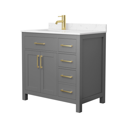 Wyndham WCG242436SGGCCUNSMXX Beckett 36 Inch Single Bathroom Vanity in Dark Gray, Carrara Cultured Marble Countertop, Undermount Square Sink, Brushed Gold Trim