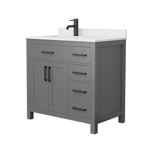 Wyndham WCG242436SGBWCUNSMXX Beckett 36 Inch Single Bathroom Vanity in Dark Gray, White Cultured Marble Countertop, Undermount Square Sink, Matte Black Trim