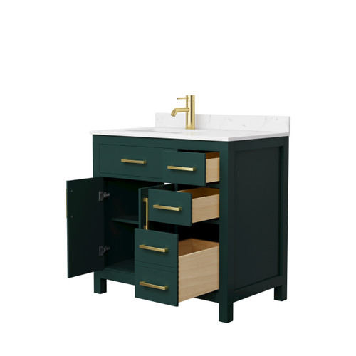 Wyndham WCG242436SGDCCUNSMXX Beckett 36 Inch Single Bathroom Vanity in Green, Carrara Cultured Marble Countertop, Undermount Square Sink, Brushed Gold Trim