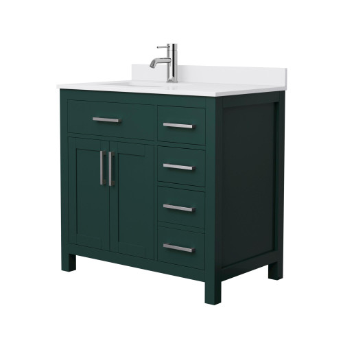 Wyndham WCG242436SGEWCUNSMXX Beckett 36 Inch Single Bathroom Vanity in Green, White Cultured Marble Countertop, Undermount Square Sink, Brushed Nickel Trim