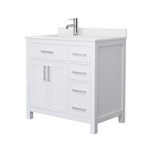 Wyndham WCG242436SWHWCUNSMXX Beckett 36 Inch Single Bathroom Vanity in White, White Cultured Marble Countertop, Undermount Square Sink, Brushed Nickel Trim