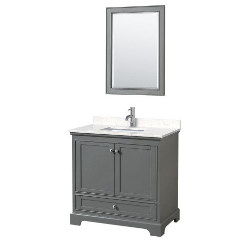 Wyndham WCS202036SKGC2UNSM24 Deborah 36 Inch Single Bathroom Vanity in Dark Gray, Light-Vein Carrara Cultured Marble Countertop, Undermount Square Sink, 24 Inch Mirror