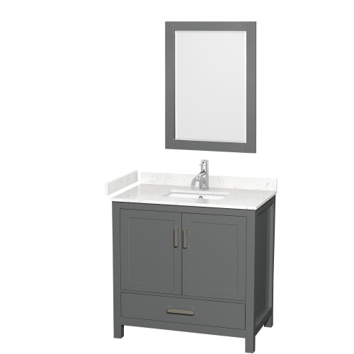 Wyndham WCS141436SKGC2UNSM24 Sheffield 36 Inch Single Bathroom Vanity in Dark Gray, Carrara Cultured Marble Countertop, Undermount Square Sink, 24 Inch Mirror