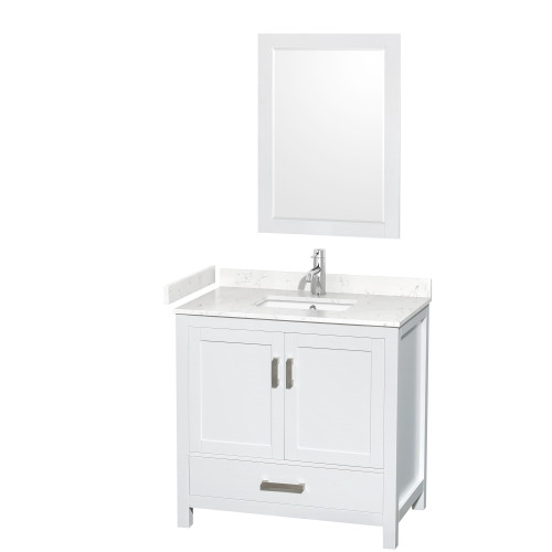 Wyndham WCS141436SWHC2UNSM24 Sheffield 36 Inch Single Bathroom Vanity in White, Carrara Cultured Marble Countertop, Undermount Square Sink, 24 Inch Mirror
