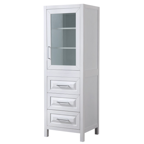 Wyndham WCV2525LTWH Daria Linen Tower in White with Shelved Cabinet Storage and 3 Drawers