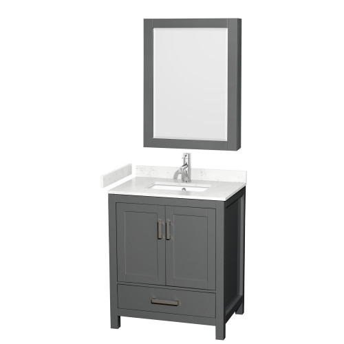 Wyndham WCS141430SKGC2UNSMED Sheffield 30 Inch Single Bathroom Vanity in Dark Gray, Carrara Cultured Marble Countertop, Undermount Square Sink, Medicine Cabinet