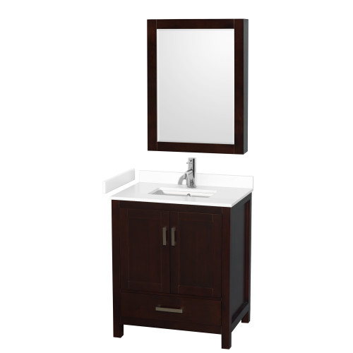 Wyndham WCS141430SESWCUNSMED Sheffield 30 Inch Single Bathroom Vanity in Espresso, White Cultured Marble Countertop, Undermount Square Sink, Medicine Cabinet