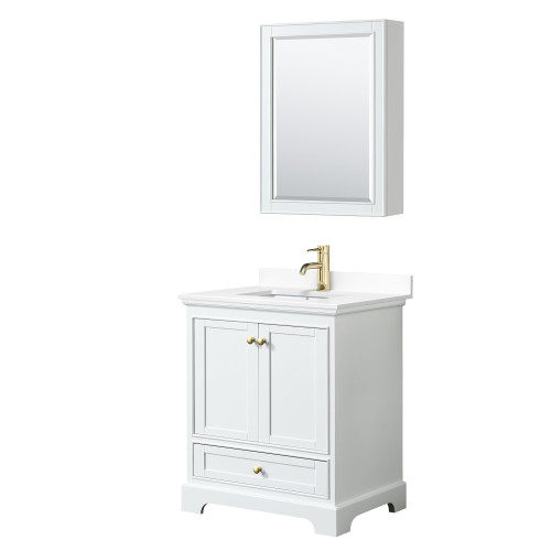 Wyndham WCS202030SWGWCUNSMED Deborah 30 Inch Single Bathroom Vanity in White, White Cultured Marble Countertop, Undermount Square Sink, Brushed Gold Trim, Medicine Cabinet