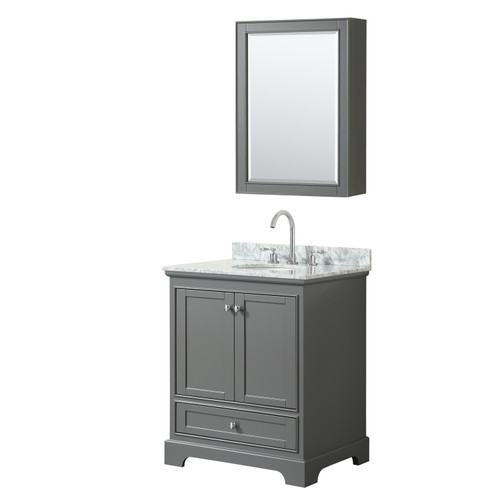 Wyndham WCS202030SKGCMUNOMED Deborah 30 Inch Single Bathroom Vanity in Dark Gray, White Carrara Marble Countertop, Undermount Oval Sink, and Medicine Cabinet