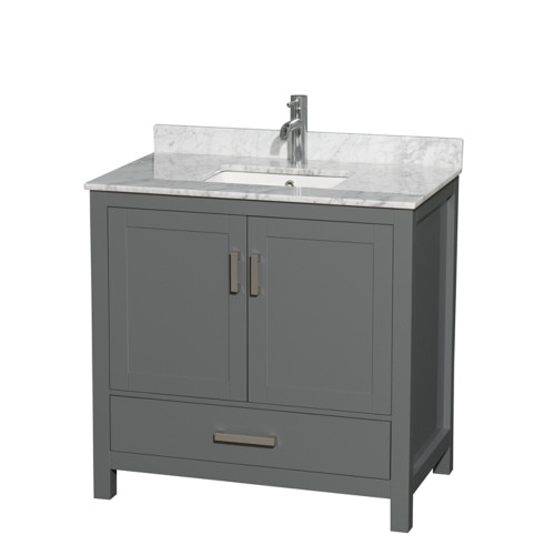 Wyndham WCS141436SKGCMUNSMXX Sheffield 36 Inch Single Bathroom Vanity in Dark Gray, White Carrara Marble Countertop, Undermount Square Sink, and No Mirror